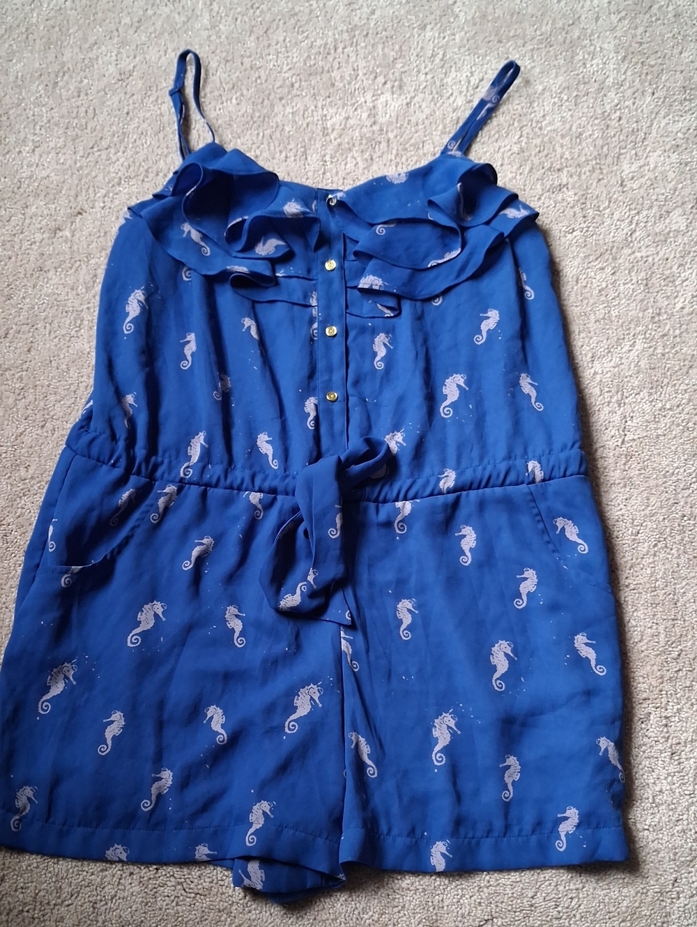 Nanette Lepore Royal Blue Seahorse Print Romper with Ruffle Neck